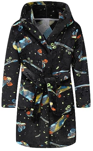 Image of E.W Apparel Boys Fleece Robe Girls Hooded Bathrobe Toddlers Soft Fuzzy Robe for Kids(Skate, 9-10 Years)
