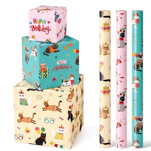 WERNNSAI Cat Wrapping Paper Rolls - 3 Rolls 17 x 120 Happy Birthday Wrapping Paper Rolls Cat Birthday Gift Wrap Paper Rolls Kitten Wrapping Paper Bday Wrap Paper with Cutting Lines