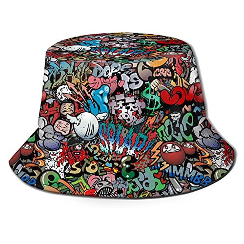 Shuwekk Hip Pop Graffiti Urban Street Art Bucket Hat for Men Women,Trendy Print Packable Summer Travel Beach Sun Hat Fisherman Hat Caps Black