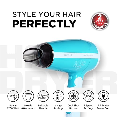 Image of Havells HD3151 1200 W Foldable Hair Dryer; 3 Heat (Hot /Cool /Warm) Settings Including Cool Shot Button; Heat Balance Technology, Turquoise