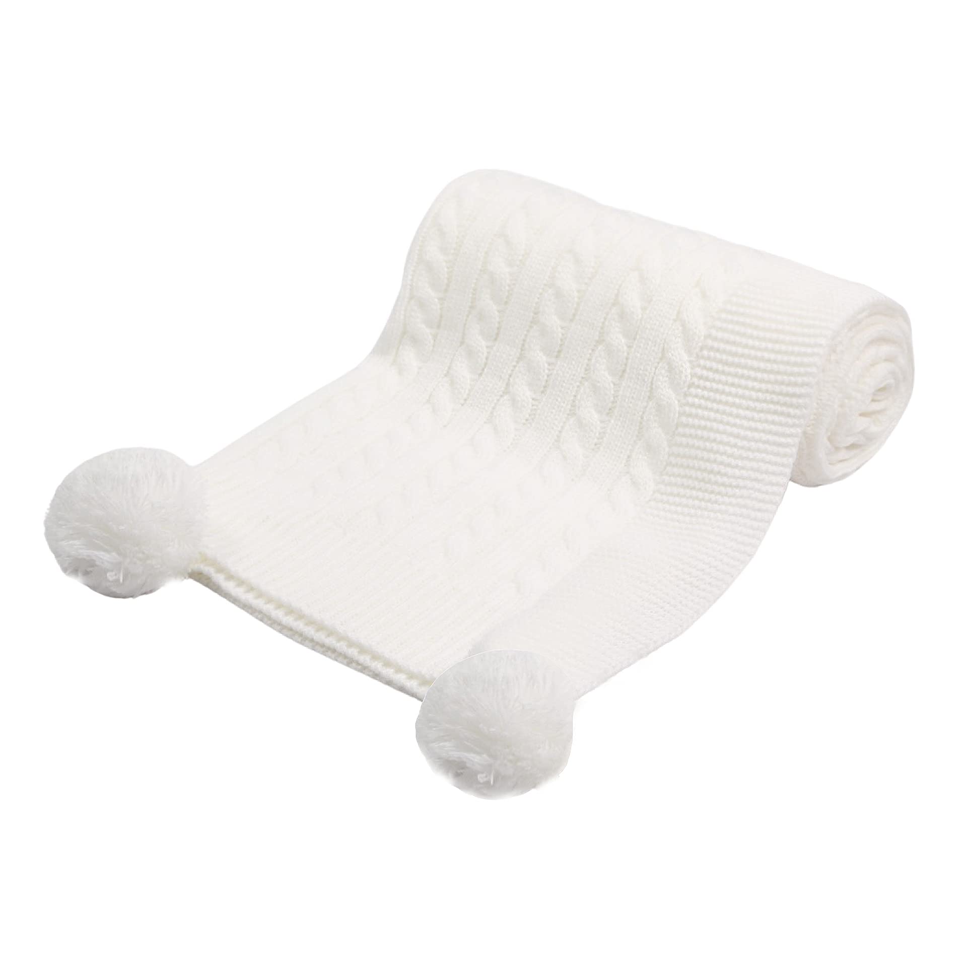 Soft Touch Elegance Cable Knit Pom Pom Blanket Wrap (White)