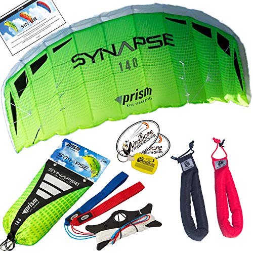 Prism Synapse 140 Cilantro Kite Yellow Green Bundle (3 Items) Dual Line Power Foil Parafoil + Peter Lynn Heavy Duty Padded Kite Control Strap Handles Pair + WindBone Kiteboarding Lifestyle Stickers