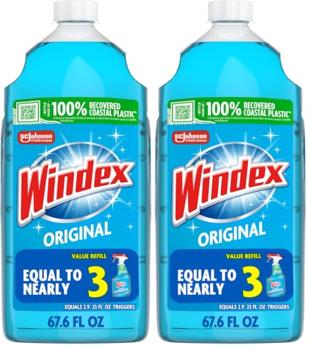 Image of Windex Refill Glass and Window Cleaner Bottle, Bottle Made from 100% Recycled Plastic, Surface Cleaning Spray, Original Blue Scent, 2L (67.6 Fl Oz) (Pack of 2)