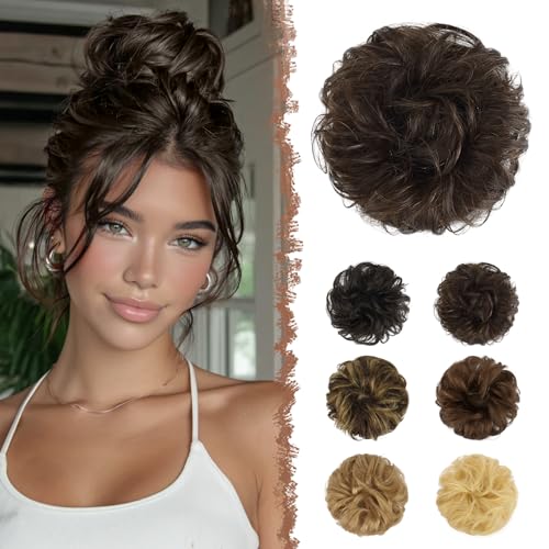 FESHFEN Messy Buns Echthaar, 100% Echthaar Haarteil Dutt Haargummi, Wellig Lockige Haarknoten Haargummi Haarverlängerungen Hochsteckfrisuren Echthaar Haarteil für Damen Mädchen, Braun