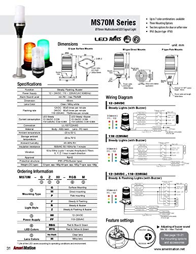 MS70M-GF00-RBG, 70mm Multicolored LED Signal Light, Surface Mount, Steady & Flashing, 12-24VDC, Red/Blue/Green LED, Clear Lens