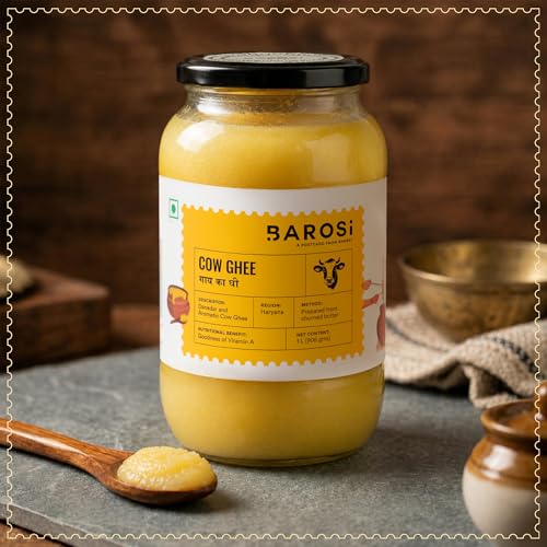 Image of BAROSI Desi Cow Ghee 1 Litre | Danedar Ghee | Lab Tested | Grass-Fed Desi Cow |Naturally Rich In Good Fats & Antioxidants | Suitable for Daily Cooking | Rich Aroma, Golden Colour | Glass Jar(1000 ml)