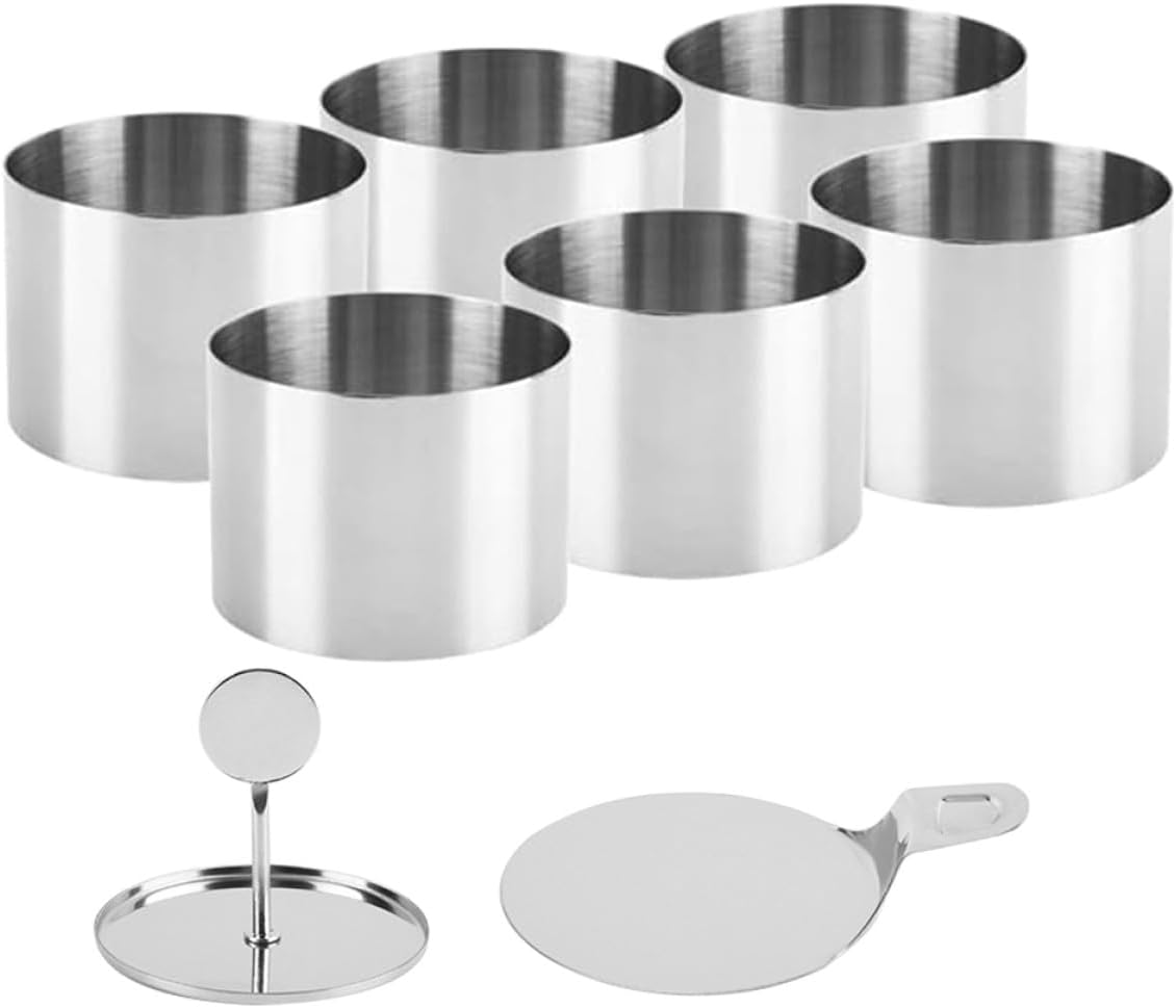 Stainless Steel Cake Mold Ring with Acetate Cake Collars and Pusher Set, 8pcs round Baking Mousse Ring Tool for DIY Pastry and Dessert Baking
