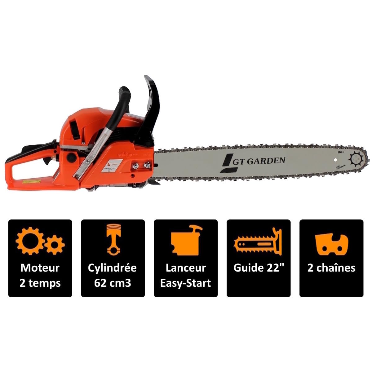 GT Garden - Motosierra térmica (62 cm3, 3.5 CV, guía 55 cm, 2 cadenas)