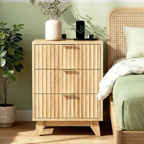 Image of VINGLI Fluted Nightstands Set of 2 with Charging Station, 3 Drawer Nightstand Oak Night Stand for Bedroom, Modern Nightstands Set of 2, Fluted Bedside Table /End Table /Side Table, 2 pcs