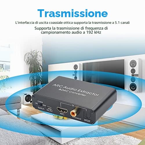 Estrattore Audio HDMI Arc, Convertitore Analogico Digitale 192KHz Convertitore Adattatore HDMI Arc Cuffie da 3,5 Mm Volume Stereo Regolabile per TV DVD Blu-Ray