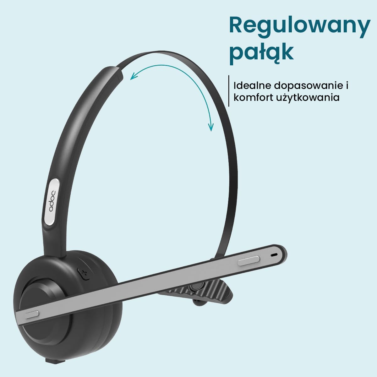ADOC Słuchawki Bluetooth 5.0 z mikrofonem BT01, redukcja szumów, regulowany pałąk, skórzana podkładka, klawisz wielofunkcyjny, bateria 180 mAh.