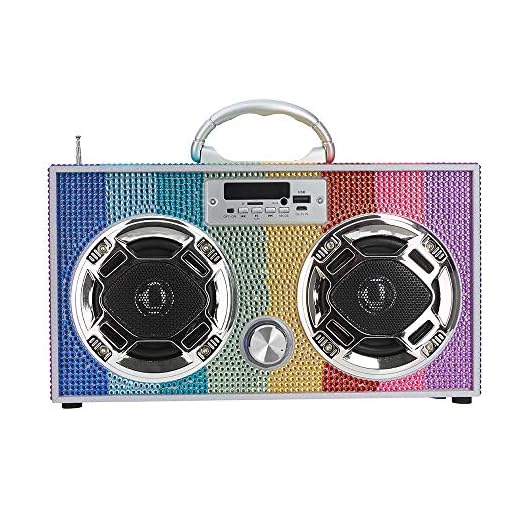 Wireless Express - Mini Boombox with LED Speakers –Retro Bluetooth Speaker w/Enhanced FM Radio - Perfect for Home and Outdoor (Rainbow Bling)