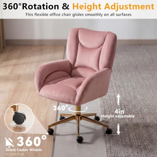 Image of FOXHUNTER Vanity Chair with Ergonomic Back & Wheels, 360 Swivel Accent Chair, Adjustable Height Home Office Chair for Living Room, Bedroom(Velvet Pink)