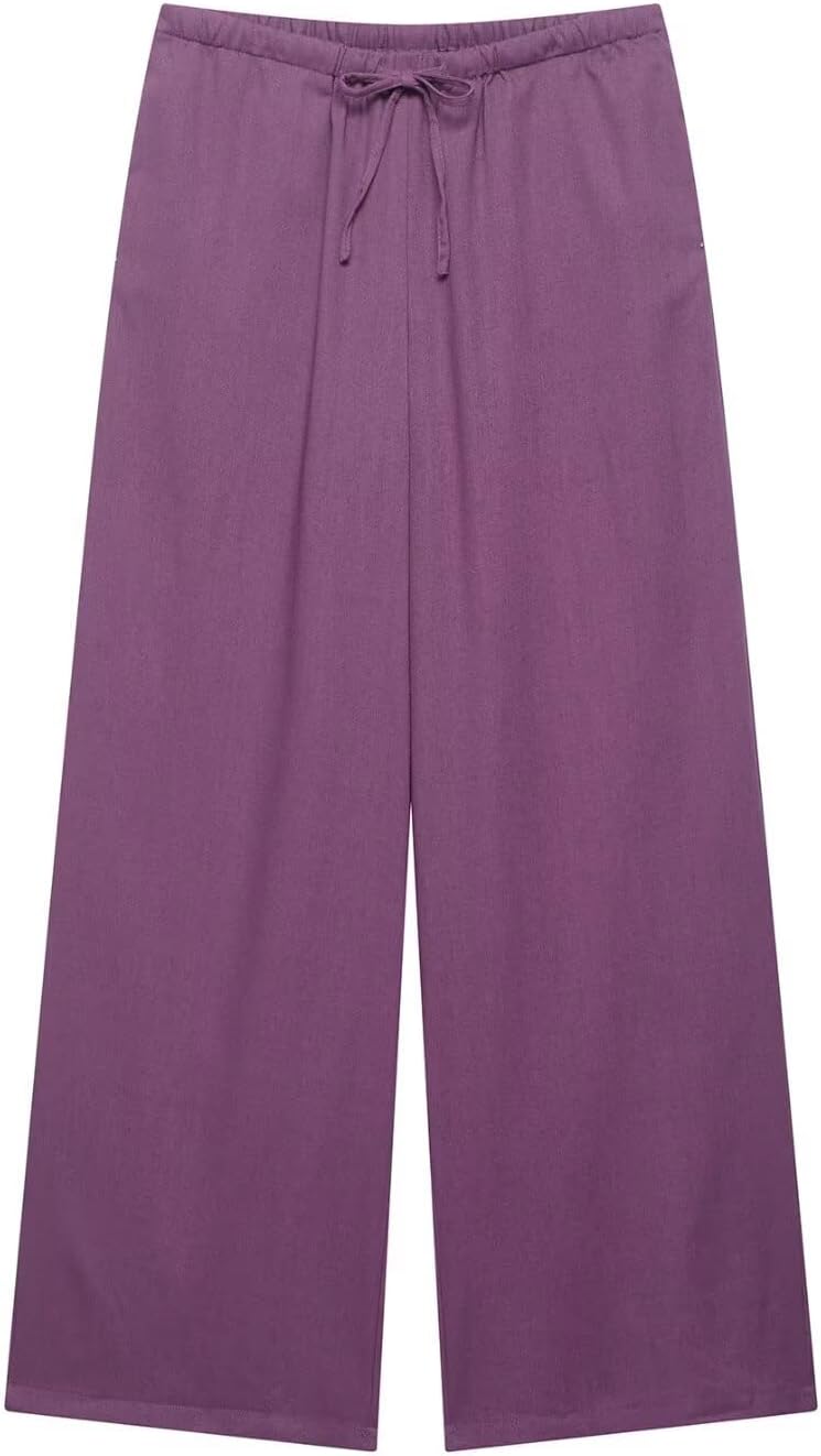 BB5026-27 Women's Linen Wide Leg Pants with Drawstring, Elastic Waist Casual Loose Fit Trousers