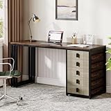 Tribesigns Computer Desk with 5 Drawers, 55' Home Office Desk with Reversible Drawer, Industrial Study Work Writing Desk with Storage, Simple Wood Laptop Desk for Small Space, Brown & Oak