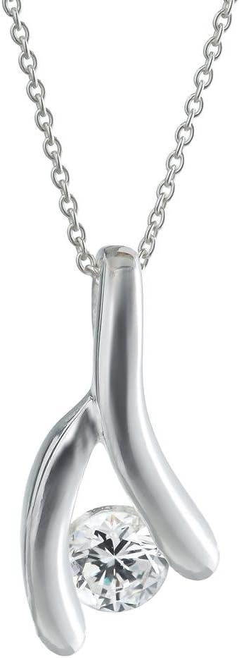 Women's 925 Sterling Silver Cubic Zirconia Wishbone Chain Pendant Necklace, 18"