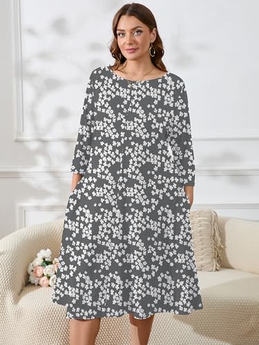 Image of AusLook Women's Plus Midi Dresses Crew Neck A Line 3 /4 Sleeves Casual Elegant Loose Wedding Vacation Dress with Pockets