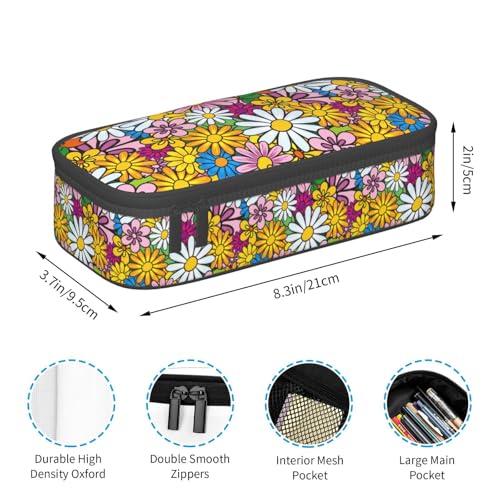 Image of Bright Colorful Hippie Floral Pencil Case Big Capacity Storage Pencil Pouch Stationery Bags With Zipper Portable Pen Holder Box Organizer For Boys Student College School Office Supplies