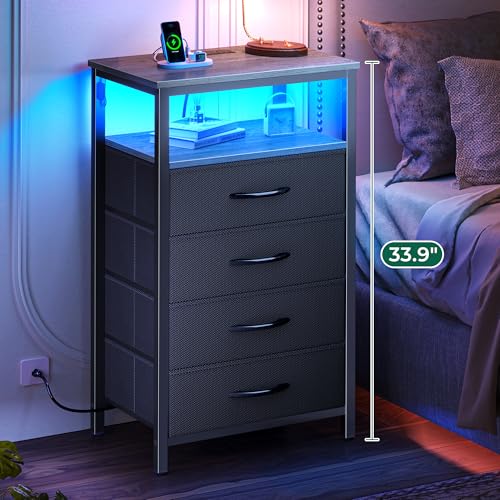 Huuger Night Stand with Charger Station and LED Lights, 2 Drawer Nightstand, Bed Side Table with Open Shelf, End Table, Fabric Dresser for Bedroom - Image 5
