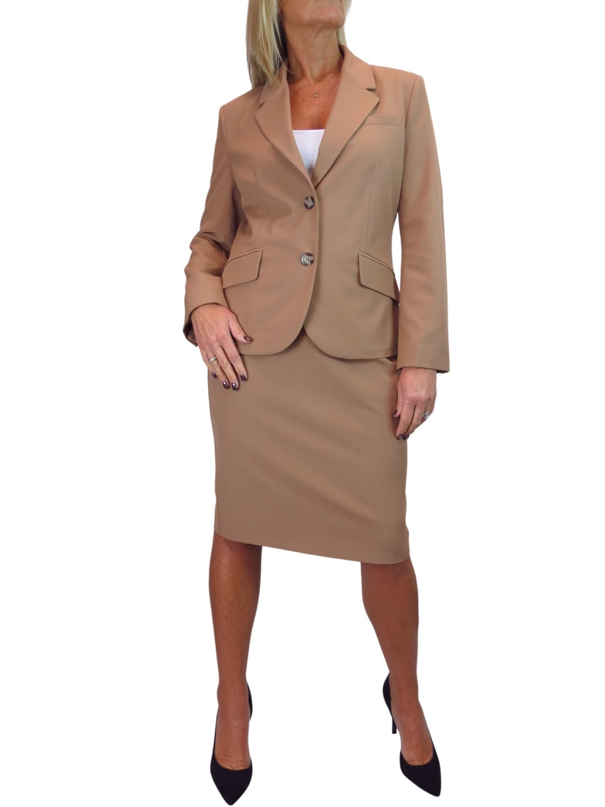 Paulo Due Women's Tan 2 Piece Tailored Skirt Suit In | Size: 18