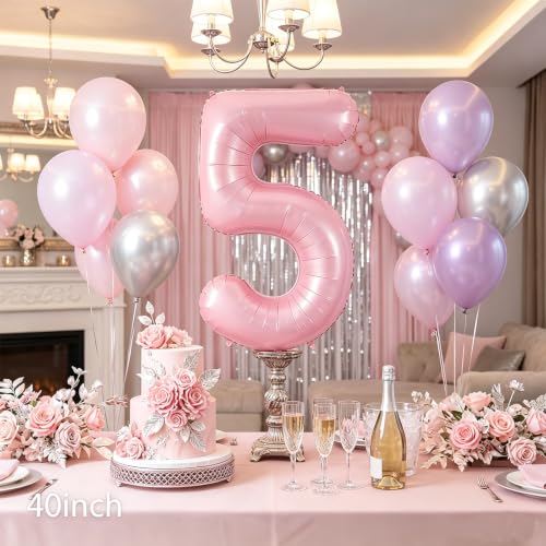 Image of Number Balloons Pink Party Balloon - Giant Number 5 Balloon, 40 Inch Large Balloon, Birthday Decorations for Women, Birthday Balloon for Anniversary Baby Shower Princess Party Decorations