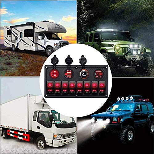 MKING 6 Gang / 8 Gang Circuit LED Car Marine Waterproof Boat Rocker Switch Panel with Fuse Dual USB Slot LED Light Power Socket Breaker Voltmeter for RV Car Boat (RED/Green/Blue) - Thumbnail 4