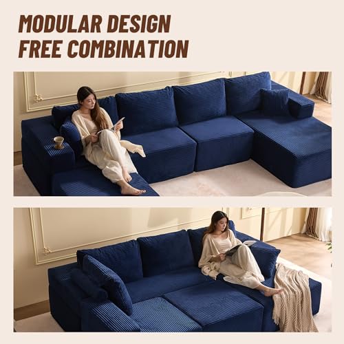 138" Boneless Couch with Deep Seat, Modular Sectional Sofa, Cloud Sectional Couch for Living Room, No Assembly Required, Corduroy, U-Shape 4 Seater Right, Blue - Image 5