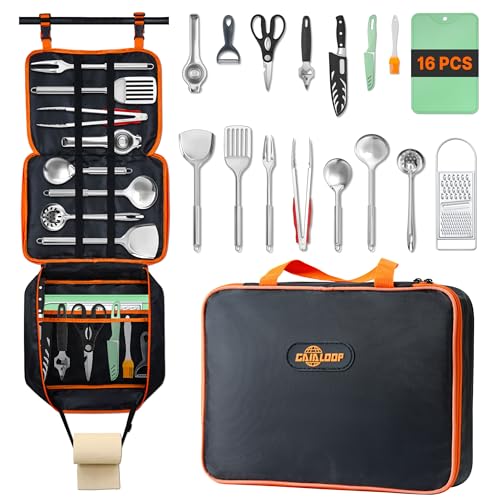 GAIALOOP Camping Cooking Utensils Set 16 PCS Camp Kitchen Cookware Kit with Organizer Bag, Portable RV Camping Essentials Camper Must Haves for Cookouts Open Fire Pit
