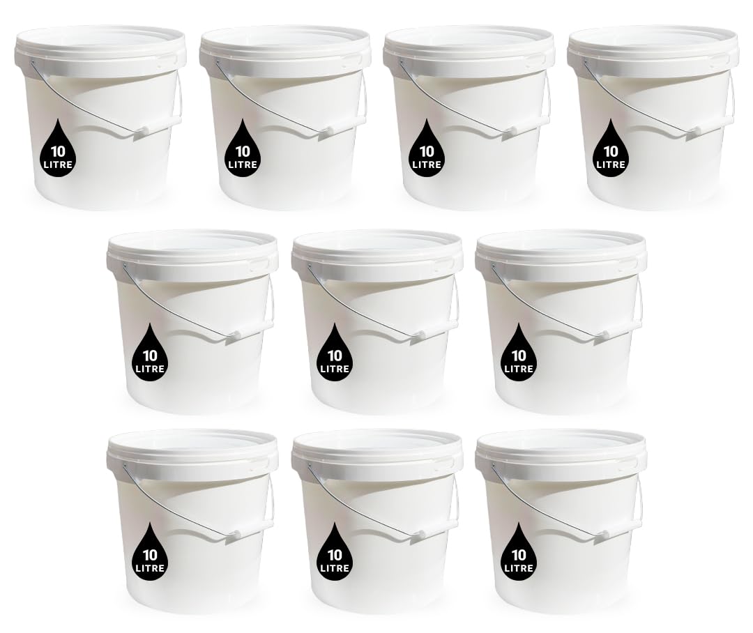 Mazo (10L, 10) Plastic Bucket Pail + Handle + Lid - Food Grade Bpa Free Multi-Use Fermentation Feed Dry Wet Food Liquids Chemicals Hydroponics Storage Cont