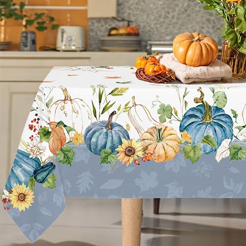 Rectangle Fall Tablecloth,Thanksgiving Autumn Harvest Blue Pumpkin Sunflower Maple Leaf Tablecloth,Polyester Waterproof Wrinkle Resistant Durable Tablecloth for Fall,Thanksgiving,Home Decor 60x120inch -  Yighty