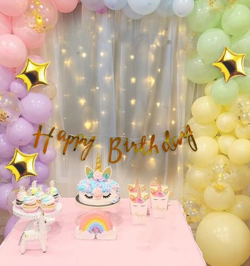 Specialyou.In Pastel Theme Birthday Decoration Items With Net Curtain Backdrop Decor, Fairy Light, Confetti Balloon, Star Foil & Pastel Pink, Green, Yellow, Purple Balloon For Birthday Decor- 77 Pcs 2