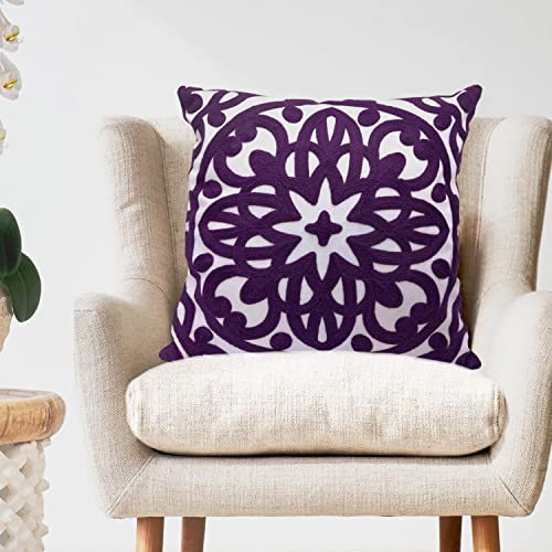 Alysheer Embroidered Decorative Throw Pillow Cover 18X18 Inch, Elegant Chic Mandala Knit Pattern, Thick 100% Cotton Eggplant Violet Cushion Case For Sofa Couch Gifts (Dark Purple) #TOP5
