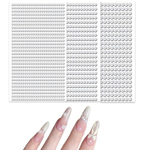 Adhesivo de Perla,3 Hojas Adhesivo de Perla Autoadhesivo con Parte Trasera Plana, 1532 PCS Adhesivo de Perla de Imitación para Maquillaje, Arte de Uñas, Artesanía, 3/4/5 mm（Perla）