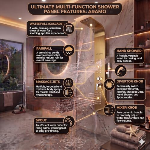 Image of ARAMO Shower Panel - Wave with Waterfall Shower, Massage Jet, 5 Water Functions (Gold)