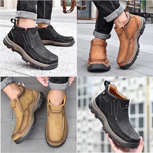 Tokouk Mens Hand Stitching Leather Slip On Ankle Boots, Casual Moccasin Chukka Boots Non-Slip Outdoor Hiking and Driving Loafers3