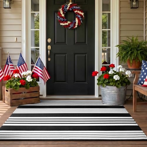 Tiveney Black and White Outdoor Rug 3'x5', Washable Reversible Outdoor Porch Rug Front Door Mat, Striped Rug Cotton Woven Layered Doormats for Entryway Patio Farmhouse Decor