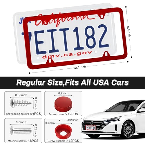 Alpmosn 2PCS Stainless Steel License Plate Frames, 4 Holes Car Licence Plate Covers with Screws Washers and Caps, Car Exterior Accessories, License Plate Holder for US Vehicles (Red) - Image 2