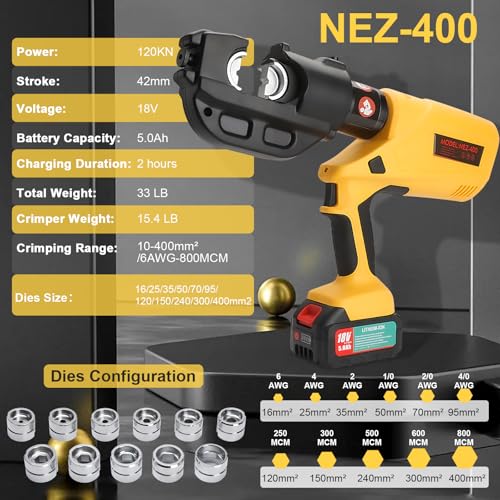 Image of 12 Ton Electric Hydraulic Cable Crimping Tool with Digital Display, 11 Dies, 2 Rechargeable 5.0Ah Batteries, for Copper /Aluminum Terminals and Wires