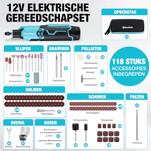 DURATECH 12V accugereedschapset, multifunctioneel gereedschap met 118 accessoires, met 7 instelbare snelheden, opbergtas, voor zagen, slijpen, blauw - Afbeelding 5