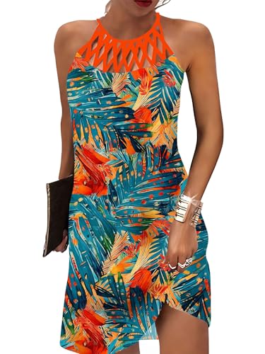 Image of LOVESHOOT Summer Dresses for Women 2026 Casual Floral Hollow Out Halter Neck A-line Sundress for Beach Vacation with Pockets