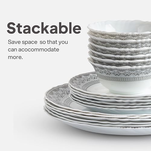 Image of CELLO Oxford Imperial Plus Series Opalware Dinner Set of 27 Piece For Family of 6 | Bone-Ash Free & Leadfree Opal Glass Microwave & Dishwasher Safe, Crockery Plates & Bowls Set For Daily Use & Gifting