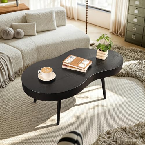 Image of Black Coffee Table Wooden Cloud Shaped Coffee Tables with Thick Top Mid-Century Modern Irregular Center Living Room Tables Cute Floor Table for Living Room Bedroom Apartment