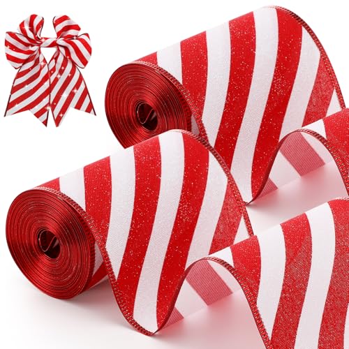 Waydress 2 Rolls Christmas Peppermint Stripe Ribbon Glitter Wired Candy Cane Fabric Wrapping DIY Craft Wide Ribbons for Christmas Tree Bow Wreath (4 Inch X 6 Yard)