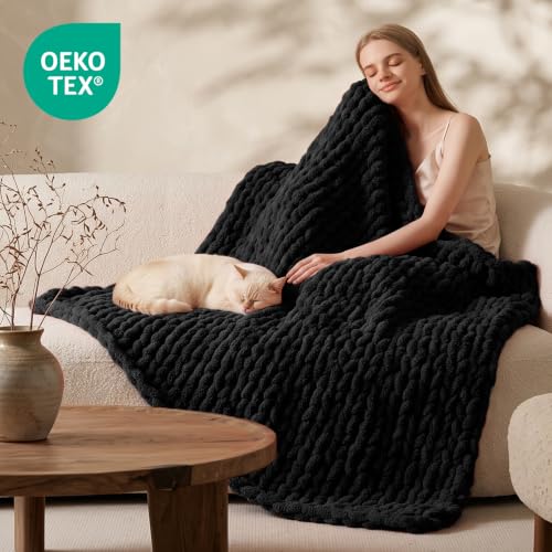 Image of L'AGRATY Chunky Knit Throw Blanket for Couch, 50'' x 70'' Knit Throw, Black
