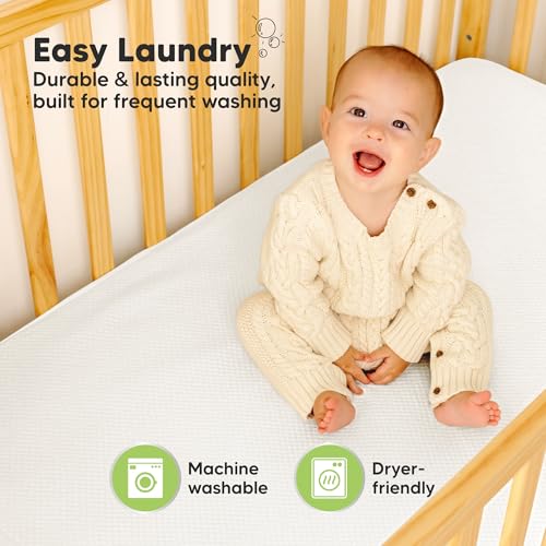 Image of 2-Pack Waterproof Crib Mattress Protector Cover Fitted - Quiet Baby Crib Mattress Pad Sheets, 52 inch x 28 inch Soft Quilted Cotton Baby Sheet, Machine Washable, Easy Fit, Durable (Soft White /Quin)