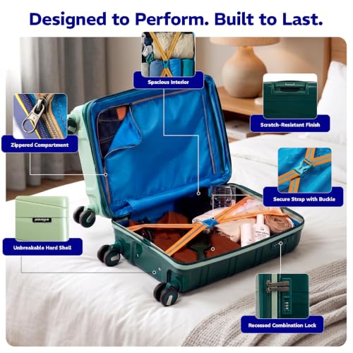 Image of Provogue Azure Hard-Sided PP 55 Cm Cabin Luggage Suitcase | Expandable Space with 8 Wheels Trolley Bags for Travel | Lightweight with Combination Lock | 5 Year Warranty (Laurel Green /Hunter Green)