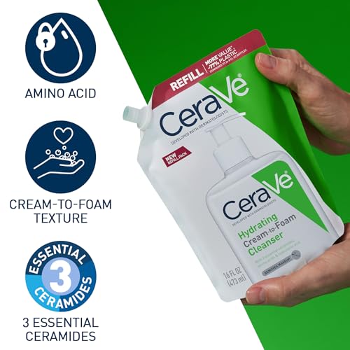 Image of CeraVe Hydrating Cream To Foam Cleanser, Makeup Remover Face Wash For Dry Skin, Foaming Facial Cleanser With Hyaluronic Acid, Normal To Dry Skin, Fragrance Free & Non Comedogenic, 16 Ounce Refill