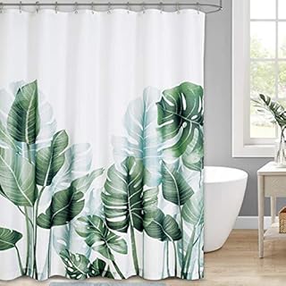 NICETOWN Bathroom Waterproof Shower Curtain - Green Plantain Leaves Printed Design Thick Mould Proof Resistant Polyester for Wet Room/Tub, 180 x 180 cm(72 x 72-inch) with 12 Stainless Steel Hooks
