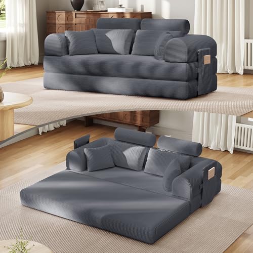 Image of Upgrade High Backrest Design Sofa Bed with Fixed-Shape Frame & Removable Armrests and Backrest, Corduroy Fabric, Convertible Couch for Small Spaces - No Assembly Needed (Dark Gray)