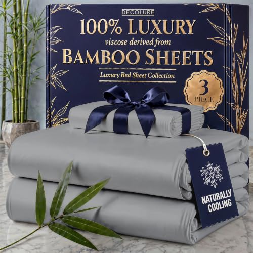 Image of DECOLURE 100% Viscose Derived from Bamboo Sheets Twin Size - Luxury 3 Pc Naturally Cooling Sheets, Ultra Soft Bed Set - Deep 17 inch Pockets, Durable Double Stitching, Oeko Tex Standard (Midgrey)